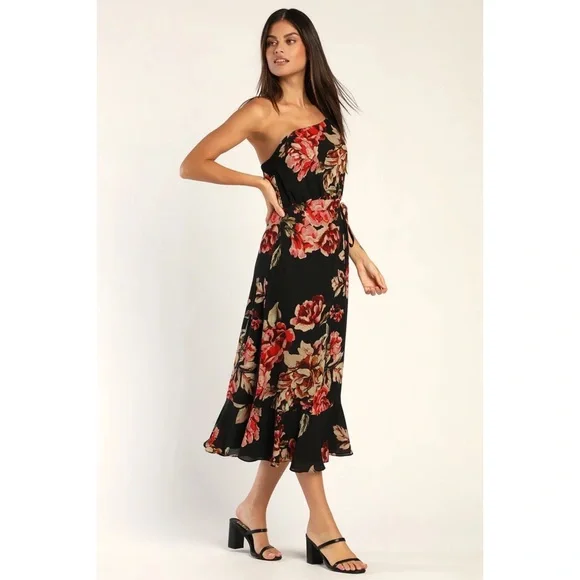 NWOT Lulus Divine Blooms Black Floral Print One-Shoulder Midi Wrap Dress Large - Picture 3 of 10